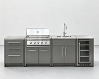Meja Samping dengan Baki Lemak yang Dapat Dilepas, Perlengkapan Dapur Modern, BBQ Kingdom 4 Gas Grill, Pelat Masak Besi Cor Stainless Steel, Kabinet Pembakar
