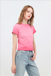 Camiseta básica de algodón para mujer, Camiseta básica de manga corta con cuello redondo <span class=keywords><strong>rosa</strong></span> ajustada para verano, Camiseta básica fina para niñas y bebés - Product Image 4