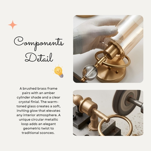 Lucienne Brushed Brass Wall Sconce Amber Cylinder Glass Crystal Finial Villa Bedroom Decor Lamp - Product Image 3