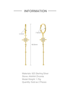 Pendientes de Aro Modernos con Borla Larga de Plata de Ley S925 con Estrella de Ocho Puntas para Mujer - Product Image 6