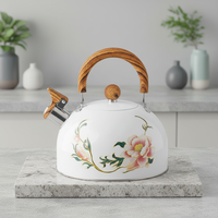Nouvelle Bouilloire Siffleuse Transfrontalière à Motif Floral, Style Minimaliste Moderne et Délicat, Luxe Léger, avec Poignée en Bois et Couvercle