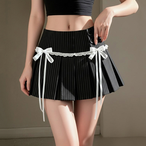 School style <b>low</b>-<b>waisted</b> striped pleated <b>skirt</b> with contrast lace paneling bowknot and button placket A-line short <b>skirt</b> - Product Image 1