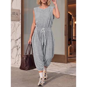 Mono casual sin mangas para mujer, de verano, de cintura alta, con cordón, holgado, de punto, para hacer ejercicio, de una pieza, transpirable - Product Image 4
