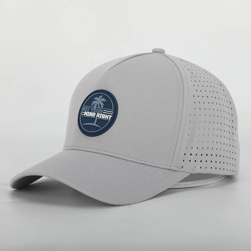 Custom Logo High Quality 5 Panel Grey Laser Cut Hole Perforated Gorras,Sports Performance Hat,Mens Water Resistant Baseball Cap