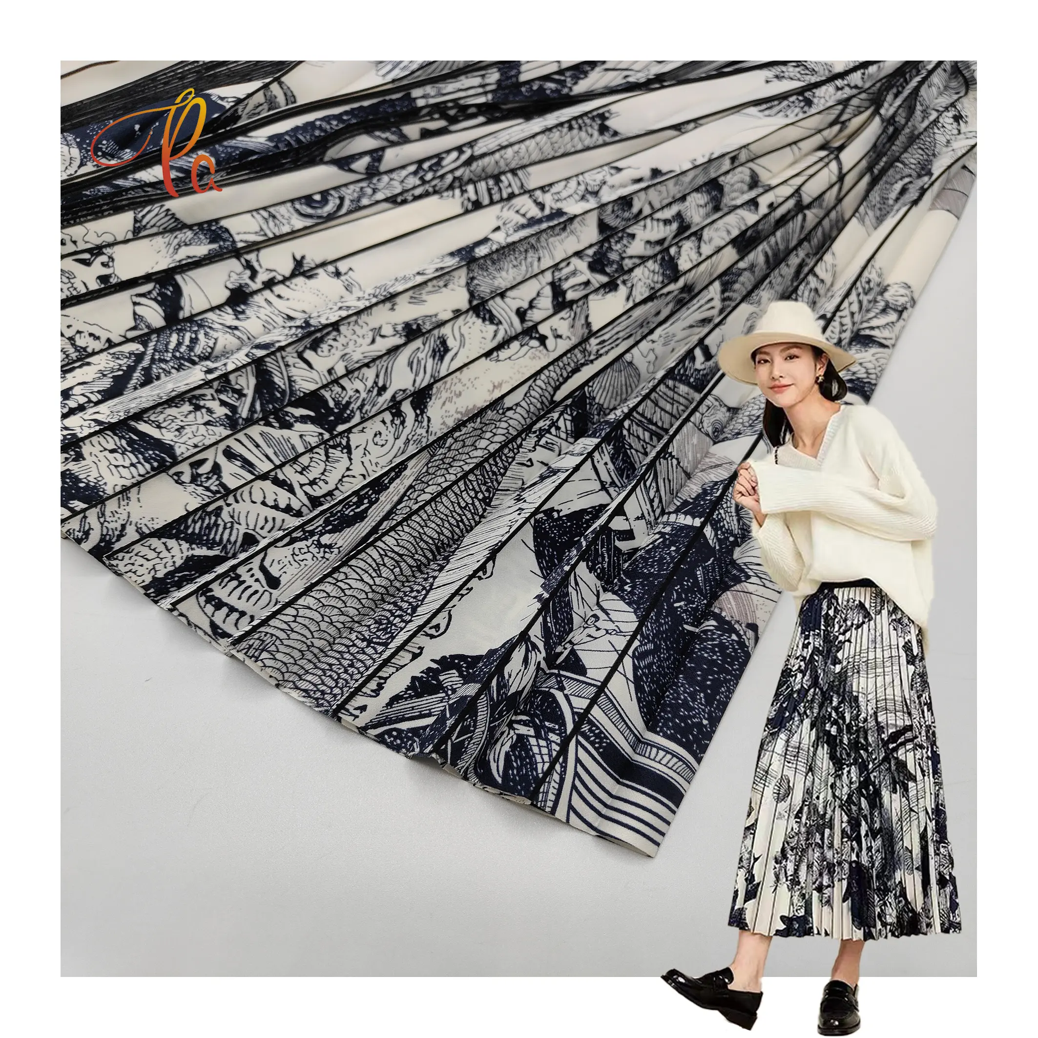 Customized Latest 100% Polyester Imitated Silk Dress Fabric Women Chiffon Digital Printed Crepe Plisse Pleated Chiffon Fabric