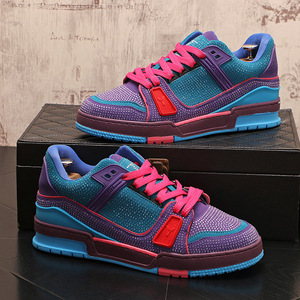 2026 New Designer Inspired Hot Pink Rhinestone Skate Sneakers, men's Luxury Brown Color <b>Block</b> Lace Up Street Casual Shoes - Product Image 5