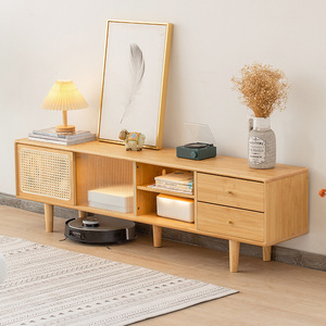 Meuble TV de style japonais 140 cm, design minimaliste, meuble de rangement pour salon avec portes en rotin et en verre - Product Image 2