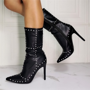 <b>Round</b> Rivets Ornament Women High Thin <b>Heel</b> Mid-calf Boots Pointed <b>Toe</b> Side Zipper Half Knee High Women Booties Big Size 47 - Product Image 2