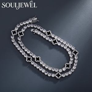 Collier Chaîne Tennis Trèfle à Quatre Feuilles Souljewel avec Zirconium, Plaqué Or et Argent sur Cuivre Noir, Style Hip-Hop - Product Image 2