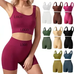 Custom Set 8802Y+8802K# Eight Colors Ribbed Bra Sets Comfortable Women Seamless Camisole Plain Wire Free Bra Brief