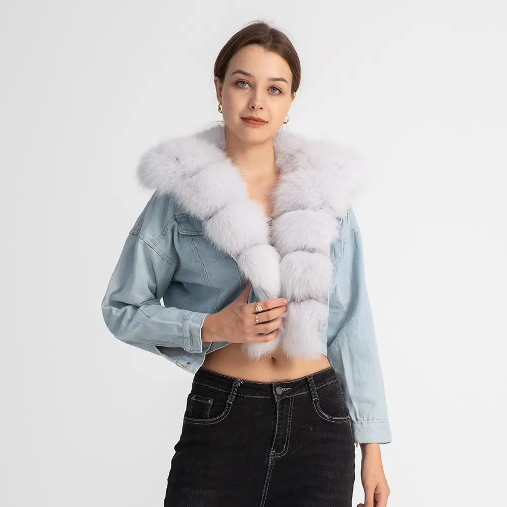 New Arrival Crop Denim Jacket Coat Real Fox Fur Trim Women's Jeans Jacket