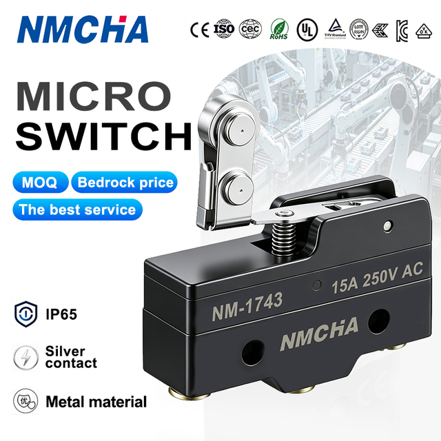 3PIins 250V 15A Plastic Microswitch Momentary Switches with Roller Lever