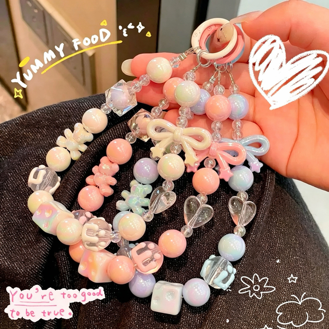 Y2K Cute Bowknot Phone Charm Strap Lanyard DIY Beaded Pendant Sweet Girl Keychain iPhone Accessories Purse Bag Plastic