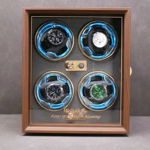 하이 퀄리티 4 슬롯 자동 호두 곡물 시계 와인더 나무 종이 저장 블루 라이트 제어 만든 스마트 시계 포장 케이스