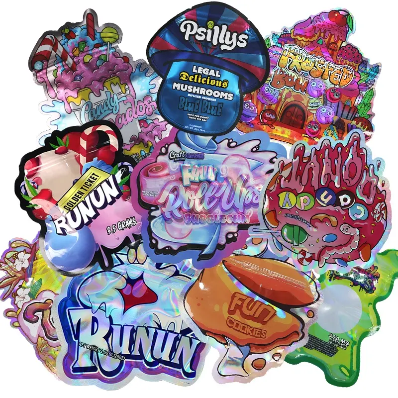 Custom print resealable 3.5g 8th 3.5 empty cookie candy special shaped ziplock smell proof cutout cali packs die cut mylar bags