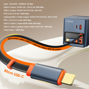 Chargeur rapide LDNIO <span class=keywords><strong>Q16</strong></span> 100W GaN avec câbles rétractables, UFCS PD3.0 QC5.0, design tout-en-un, chargeur de téléphone portable portable avec câble USB - Product Image 5