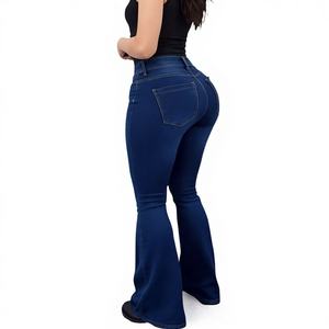 Jean en denim simple taille haute coupe trompette pour femme élégante, coupe évasée pleine longueur, couleur unie avec poches, style automne - Product Image 1
