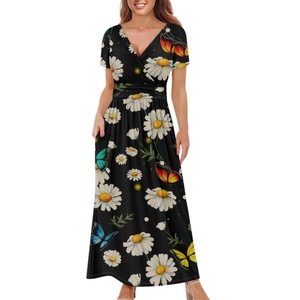 Vestido feminino de manga curta com decote em V retrô floral estampado maxi casual, com gravata na cintura, confortável e fluido, vestido longo - Product Image 2