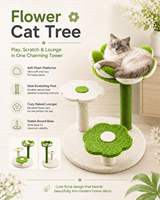Arbre à chat multi-niveaux en forme de fleur, robuste et écologique, avec poteaux à gratter en sisal et structure en velours, emballage en carton
