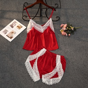 Pyjama court deux pièces Sexy pour femmes, ensemble de nuit, dentelle, soie, Satin, joli, vêtements de nuit d'été - Product Image 3