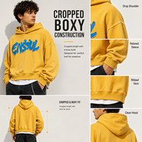 Sweat-shirt à capuche unisexe coupe courte, 480 g/m², effet vintage délavé, sans poche, avec logo patch effiloché, coupe oversize, style streetwear épais