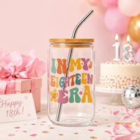 ZUFIO Cadeau d'anniversaire 18 ans pour filles, gobelet en verre léger de 14 oz avec couvercle en bambou et paille, sans BPA, inclut une carte d'anniversaire