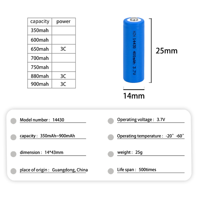Custom 14430 Li-ion Power Battery Pack 350mAh 600mAh 650mAh 700mAh 750mAh 900mAh 3.7V 14430 Battery