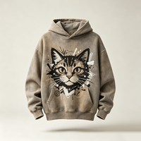 Sweat-shirt streetwear vintage délavé en molleton, avec broderie graphique en chenille motif chat, coupe oversize, poche et effet usé