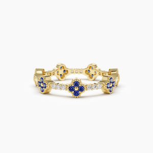 Bagues éternelles en or fin pur 10K 14K 18K avec saphir bleu créé en laboratoire et moissanite, motif trèfle à quatre feuilles - Product Image 5