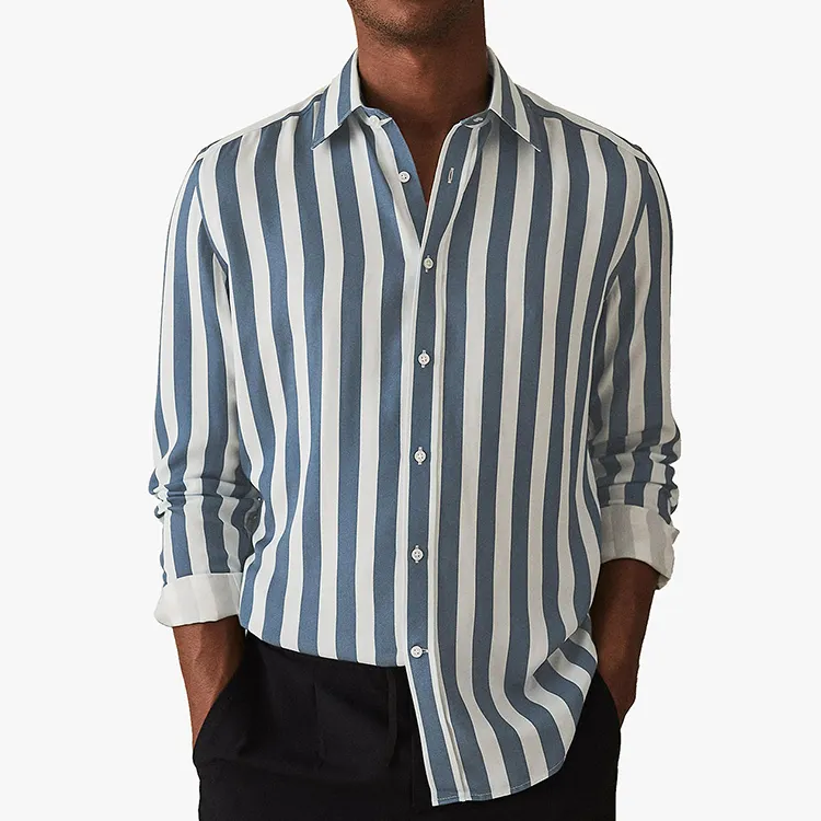 Latest Fashion Shirt Men Casual Blue Stripes 100% Cotton Long Sleeve Plus Size Men's Dress Shirt