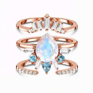 Light Luxury Independent Design 925 Sterling Silver Advanced Moonstone Teardrop Rose Gold Combination Ring