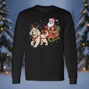T-shirt à manches longues pour adulte, unisexe, col rond, impression numérique, Père Noël, chien Goldendoodle, rennes, traîneau, Noël - Product Image 3