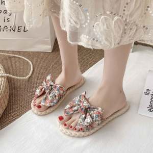 Sandalias de Playa Casuales para Mujer, Estilo Espadrille, Color Crema, con Lazo de Tela Floral, Correa <span class=keywords><strong>Transparente</strong></span>, Suela con Textura de Cuerda, Punta Abierta y Plana - Product Image 4