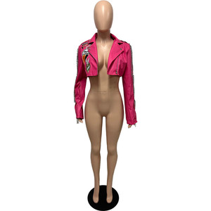 2024 Autumn Winter New Punk PU Leather <strong>Women</strong> Crop Coat Chain Decoration Zipper <strong>Fly</strong> <strong>Jackets</strong> - Product Image 4