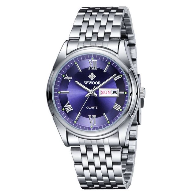 WWOOR 8802 Wrist Watch Week Display High Quality Stainless Steel Band Calendar in Stock Classical Casual Watch for Sale