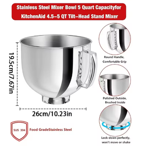 Tazón de Mezcla Metálico para <span class=keywords><strong>Batidora</strong></span> <span class=keywords><strong>KitchenAid</strong></span>, Accesorios para <span class=keywords><strong>Batidora</strong></span> de Pedestal, Tazones de Mezcla de Acero Inoxidable de 4.5-5 Cuartos con Asas - Product Image 2