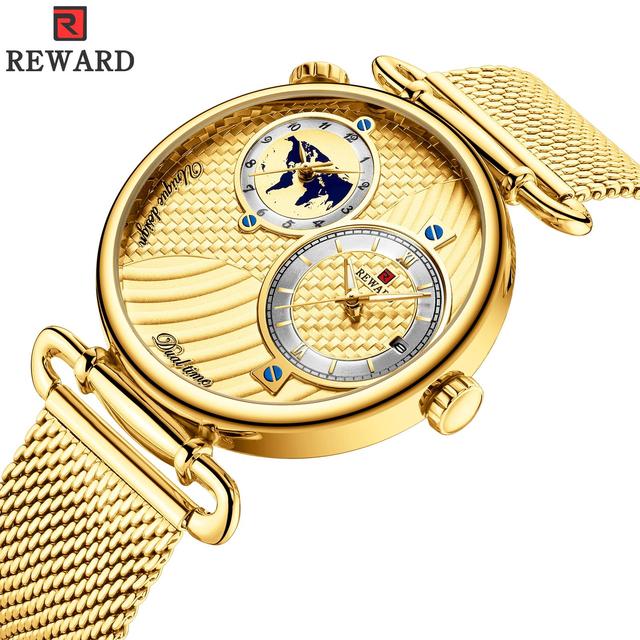 Men's Quartz Watch Dual Time Display Gold World Dial Mesh Bracelet Business Dress Classic