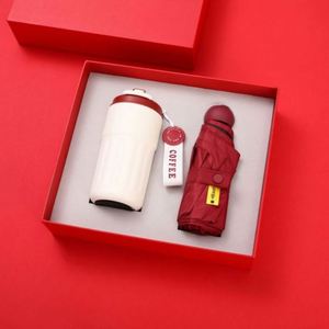 แก้วกาแฟลายปะติดสีน้ำเงินขาวสไตล์เรียบง่าย 420 มล. พร้อมตัวบอกอุณหภูมิ ร่มสำหรับทุกโอกาส ชุดของขวัญสำหรับผู้ชาย - Product Image 2