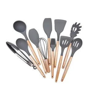 Utensílio De Cozinha Conjunto Utensílios De Cozinha De Silicone Com Alças De Madeira De Bambu Para Panelas Turner Spatula Spoon set