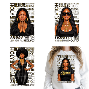 Adesivo Termotrasferibile DTF Lavabile con Affermazioni Positive Cristiane: Ragazza Africana che Prega e Ama Dio, Pronto da Applicare su Vestiti - Product Image 1