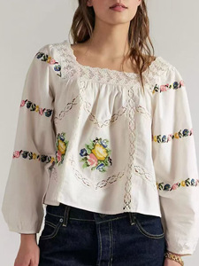 Blusa Juvenil de Mujer Estilo Pastoral Francés con Cuello Cuadrado, Bordado Intenso y Mangas Abullonadas Sueltas - Product Image 3