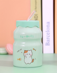 ขวดนมเซรามิคดีไซน์การ์ตูนน่ารัก ขนาด 15 ออนซ์ พร้อมฝาและหลอดดูด แก้วเซรามิค ขวดน้ำ - Product Image 5