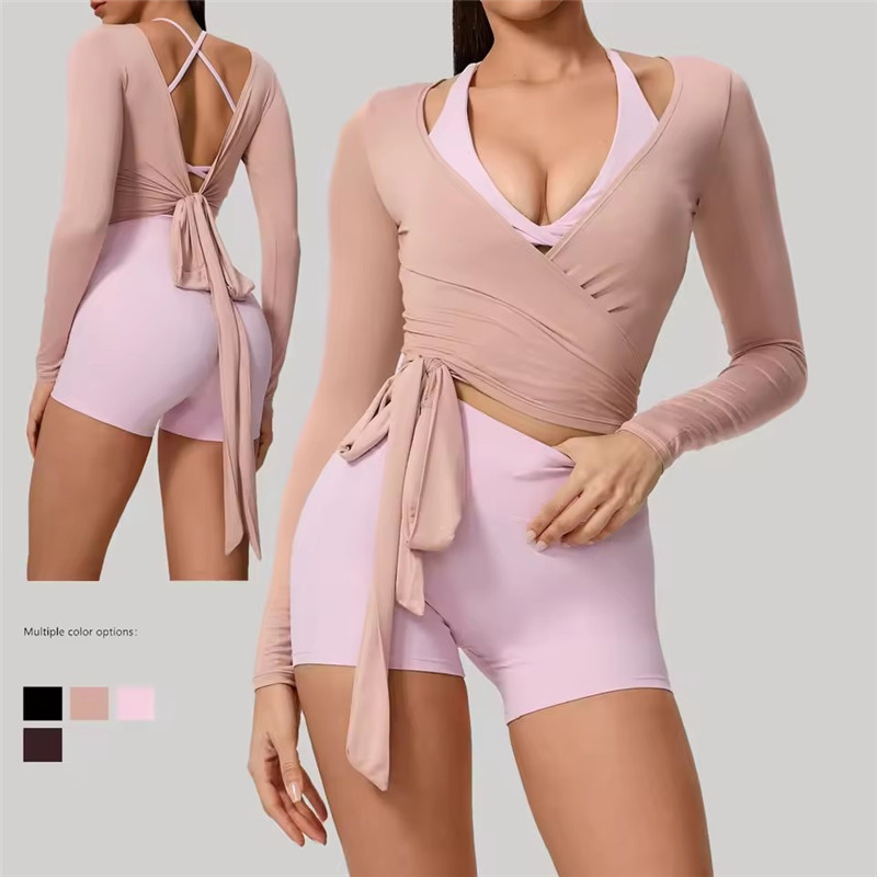 XJ001 Hot Sale One-Piece Slim-Fitting Long-Sleeved Yoga Tops Self Tie Blouses & Shirts Open Front Yoga Wrap Tops for Women