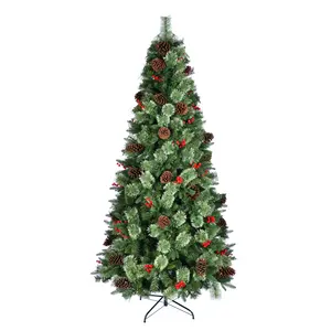 Union Tree Árbol de Navidad artificial preiluminado, árbol de material Premium con piñas y bayas rojas, ideal para decoración interior de Navidad