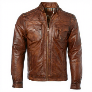 Veste moto en cuir véritable marron pour homme, col montant, fermeture éclair, poches, doublure en coton, style automne - Product Image 1