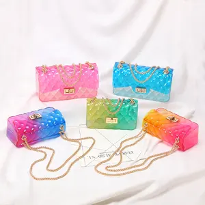 Newly designed transparent pvc jelly rainbow purse chain lady colorful bags