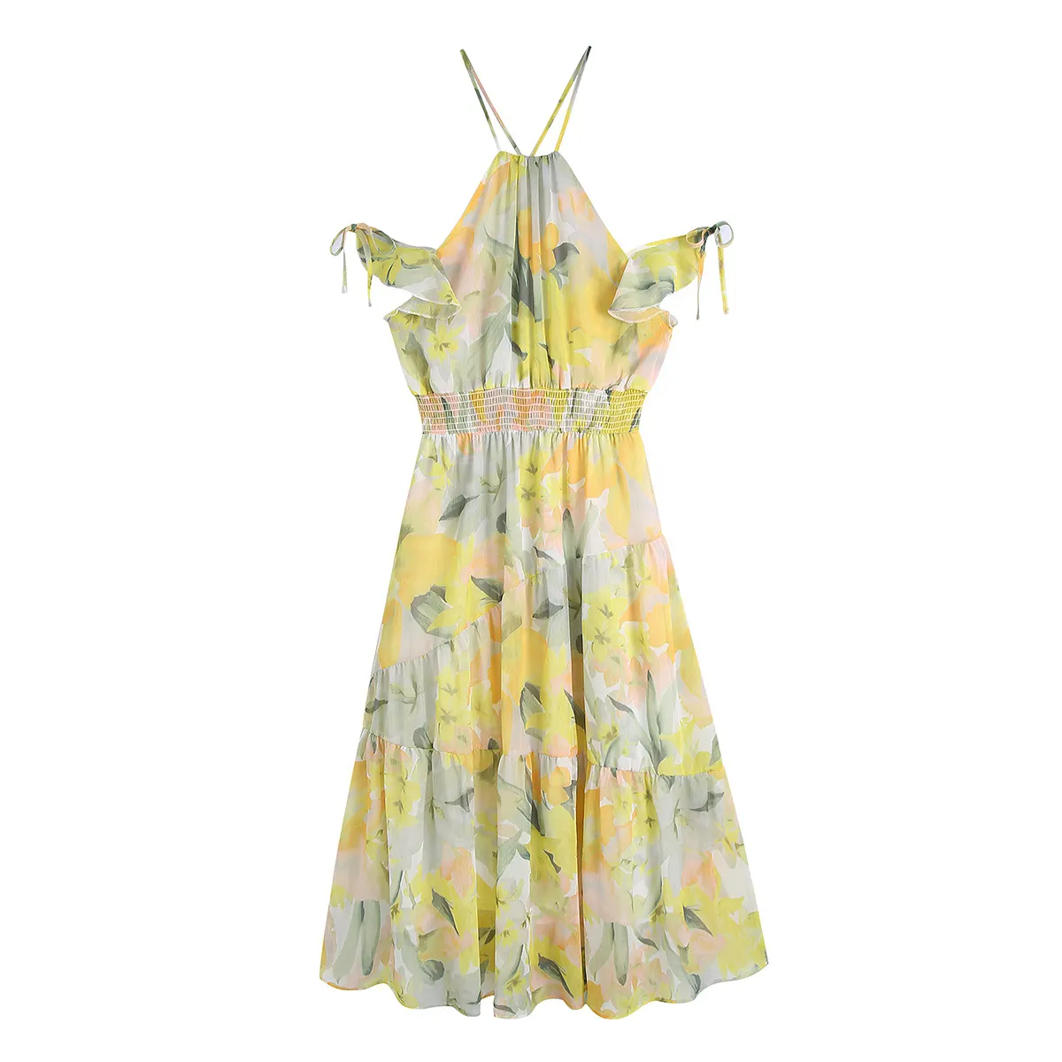 Dresses Women Printed Yellow Color Floral Print Sleeveless Elastic Waist Casual Fashion Summer Dress For Women