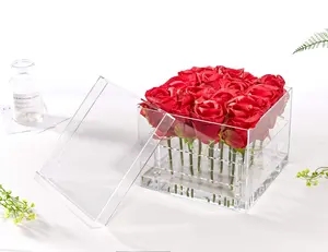 Grosir kotak akrilik bening kotak bunga diawetkan mawar tampilan buket pengantin hadiah besar akrilik yang diawetkan sarung mawar segar