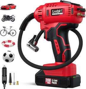 スマートジェリー デュアルパワー 20V/12V コードレスカータイヤインフレータ オートストップ 150 PSI エアコンプレッサー 緊急ツールキット ABS レッド - Product Image 1