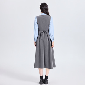 Vest Dress For Women Gray Midi Length With Belt Turn-down Collar Solid Color Comfortable Everyday Wear - Product Image 1